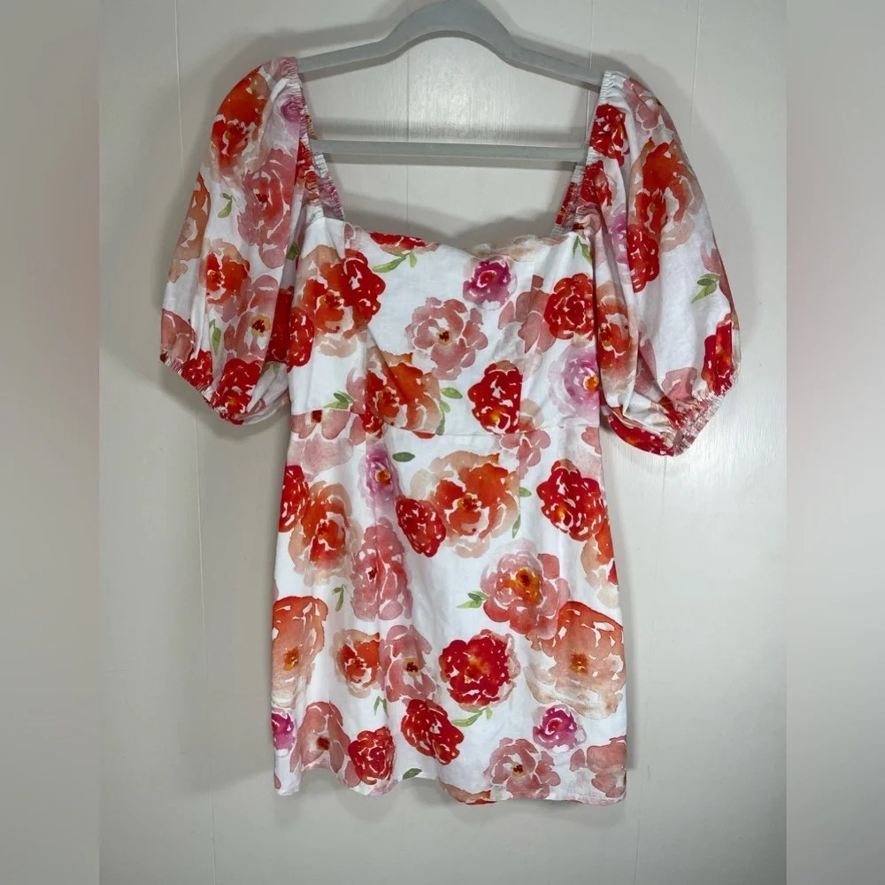 Charlie Holiday NWOT Bradley Floral Rose Linen Blend Puff Sleeve Mini Dress Sz 6